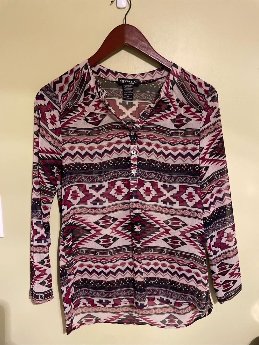 About A Girl Burgundy & Pink Aztec Button-Front Blouse